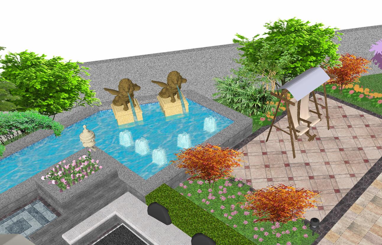 现代欧式精致庭院设计喷泉水池水景休闲太阳伞桌椅休息凉亭29su模型