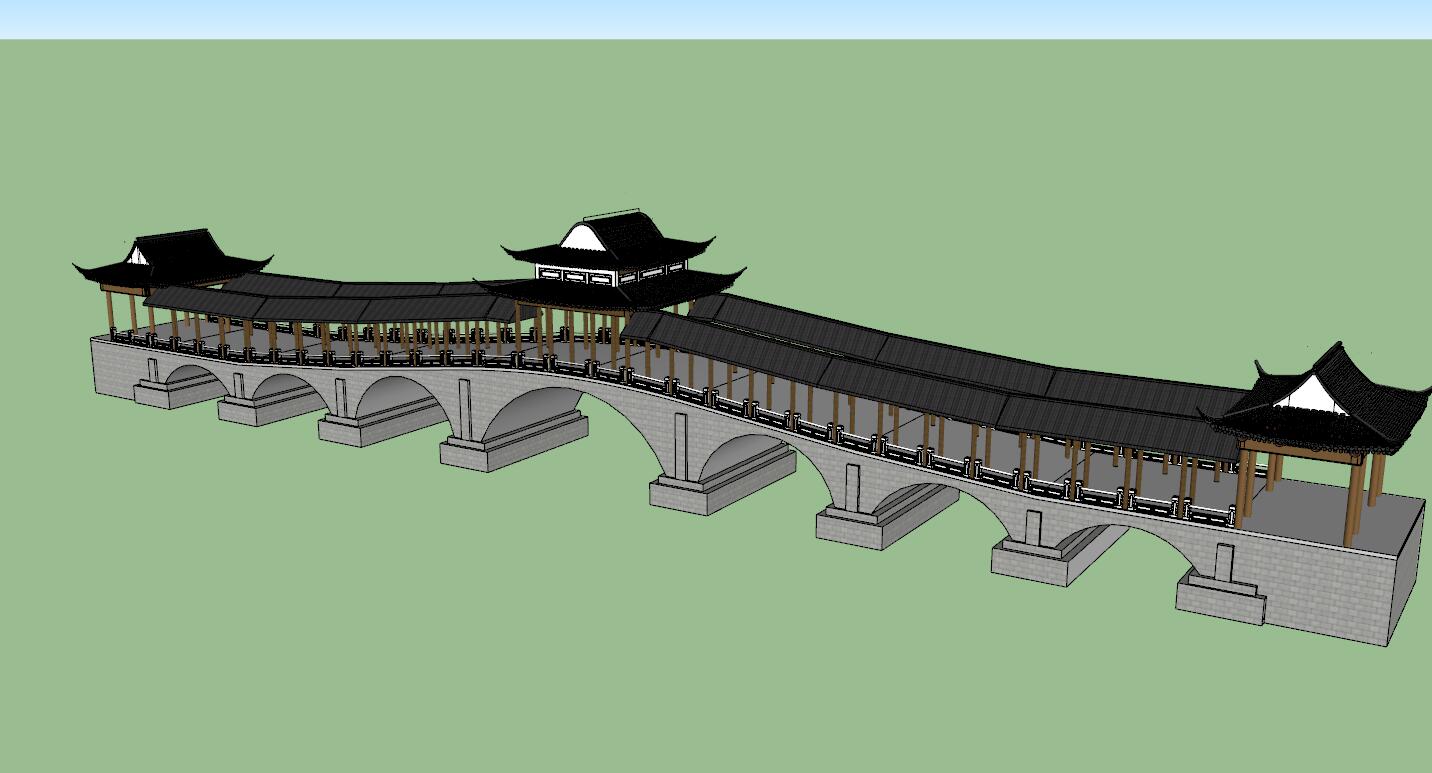 新中式石拱桥廊桥连廊休息凉亭(1)su模型 景观桥su模型
