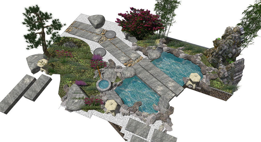 中式庭院水景假山石头青石板su模型 庭院景观su模型