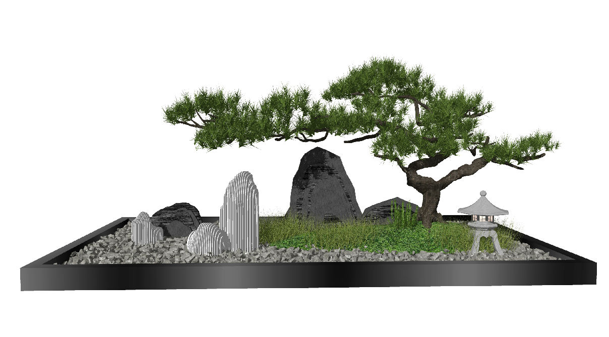 新中式庭院景观小品 景观石头松树 枯山水景观小品 原创su模型