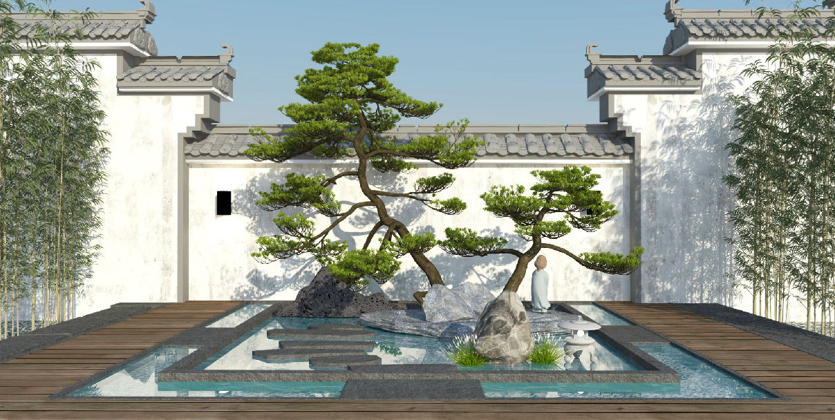 新中式庭院景观滨水松树景观小品石头松树景观景墙围墙禅意小品原创su