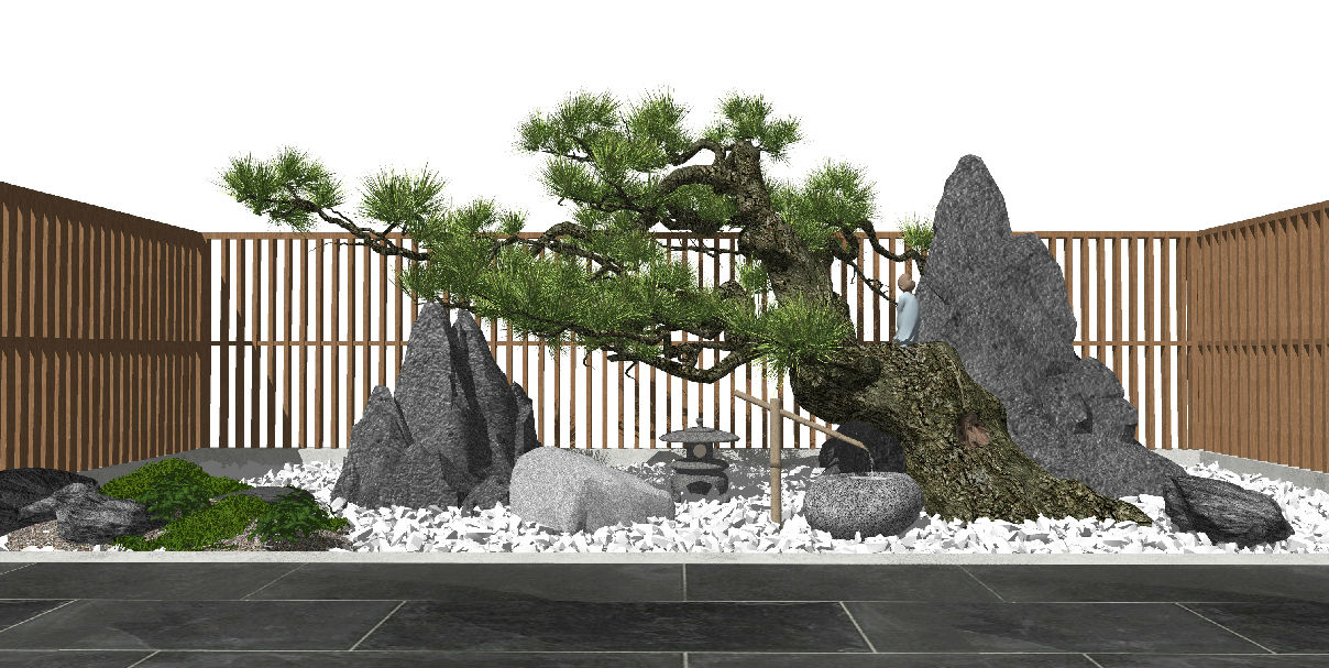 新中式庭院景观景观小品石头假山松树迎客松枯山水景观原创su模型