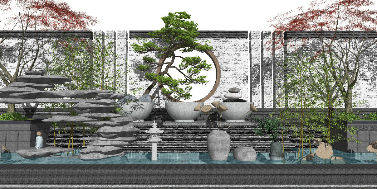 新中式滨水庭院景观 松树景墙围墙 假山石头 园艺小景 禅意景观 原创