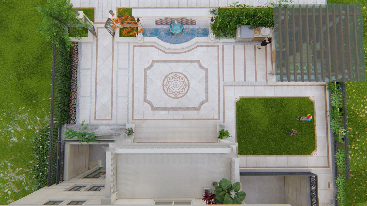欧式别墅庭院地面铺装水景景墙亭子su模型 庭院景观su