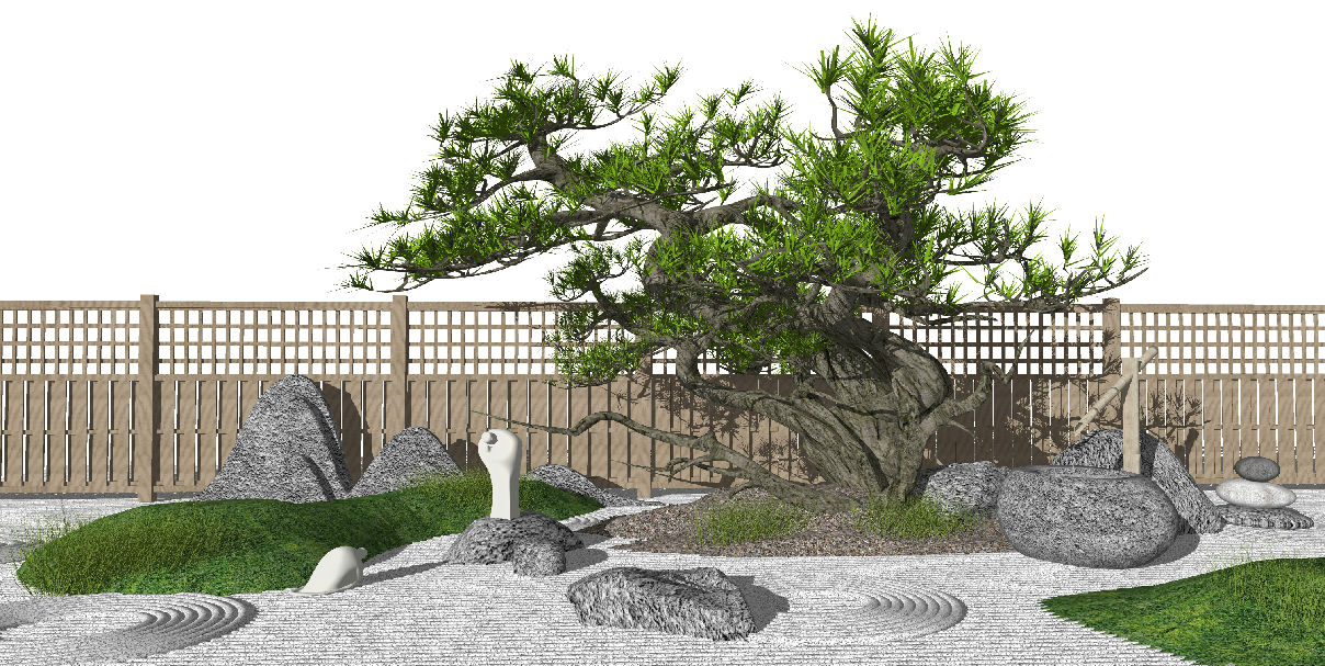 新中式庭院景观 景观松树 枯山水景观小品 假山石头 禅意小品 木围栏