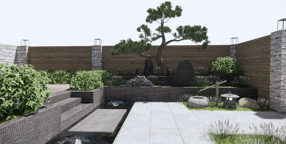 新中式屋顶花园露台景观禅意庭院景观景观小品松树假山石头庭院花园