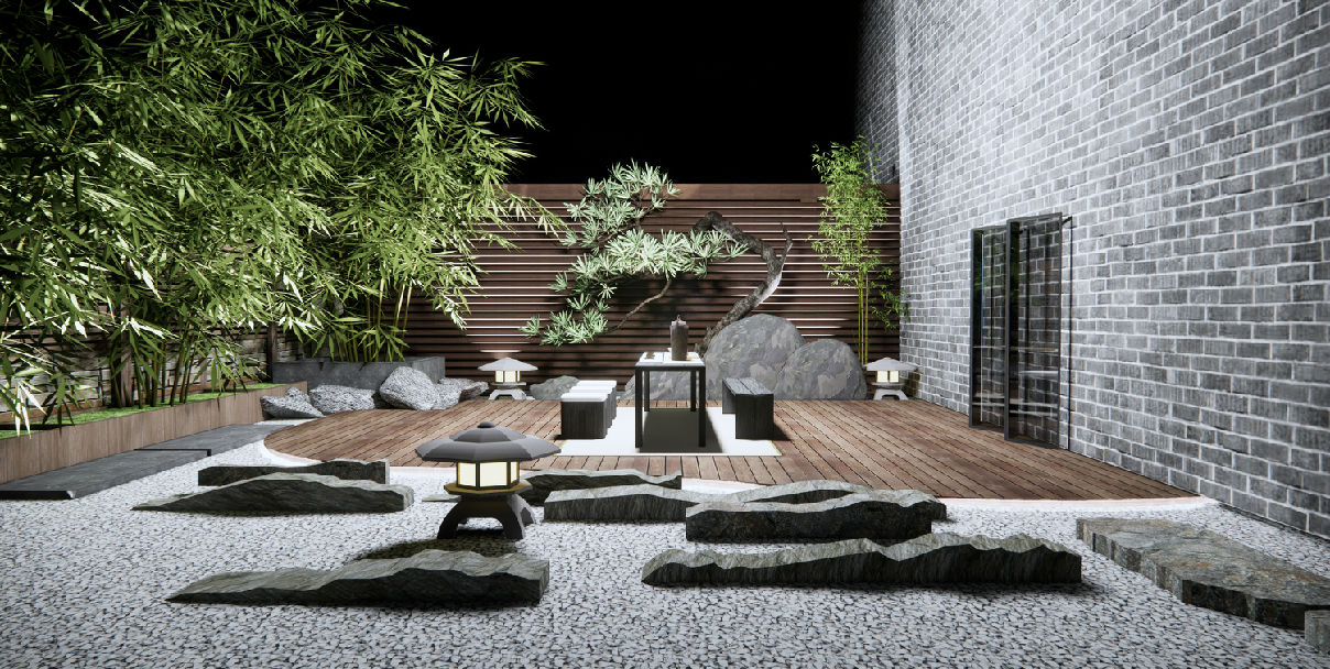 新中式庭院景观 禅意庭院小品 景观石头 松树 户外茶桌 原创su模型