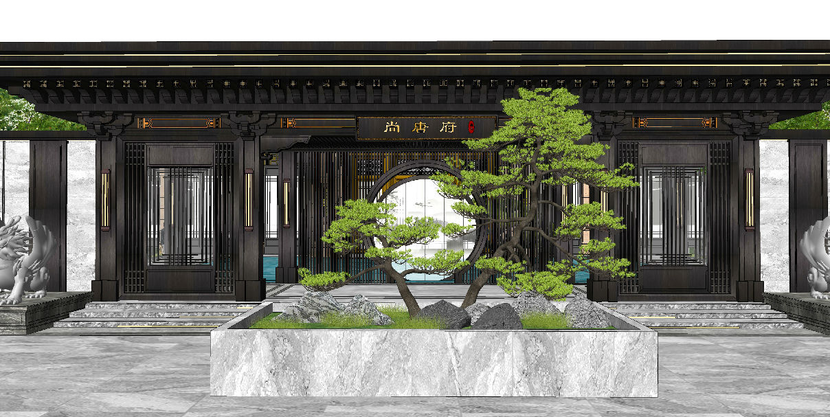 新中式售楼处大门景观 小区大门景观 景观小品 松树 石头 原创su模型