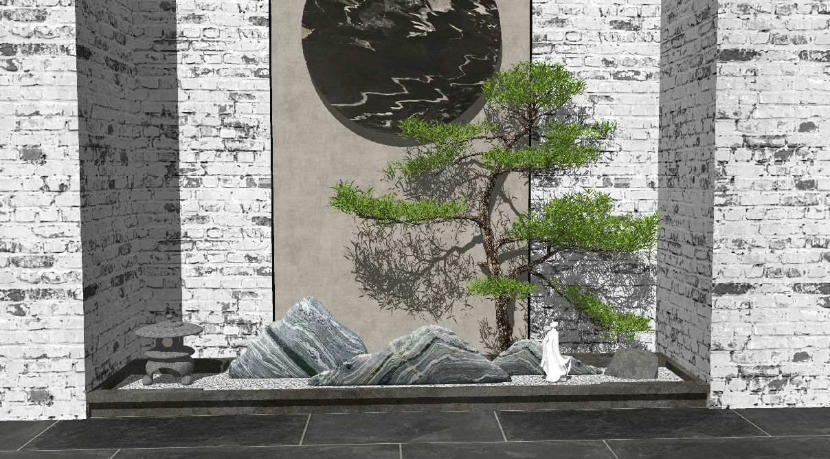 新中式景观小品 景观石头 松树 禅意小景 庭院景观 原创su模型