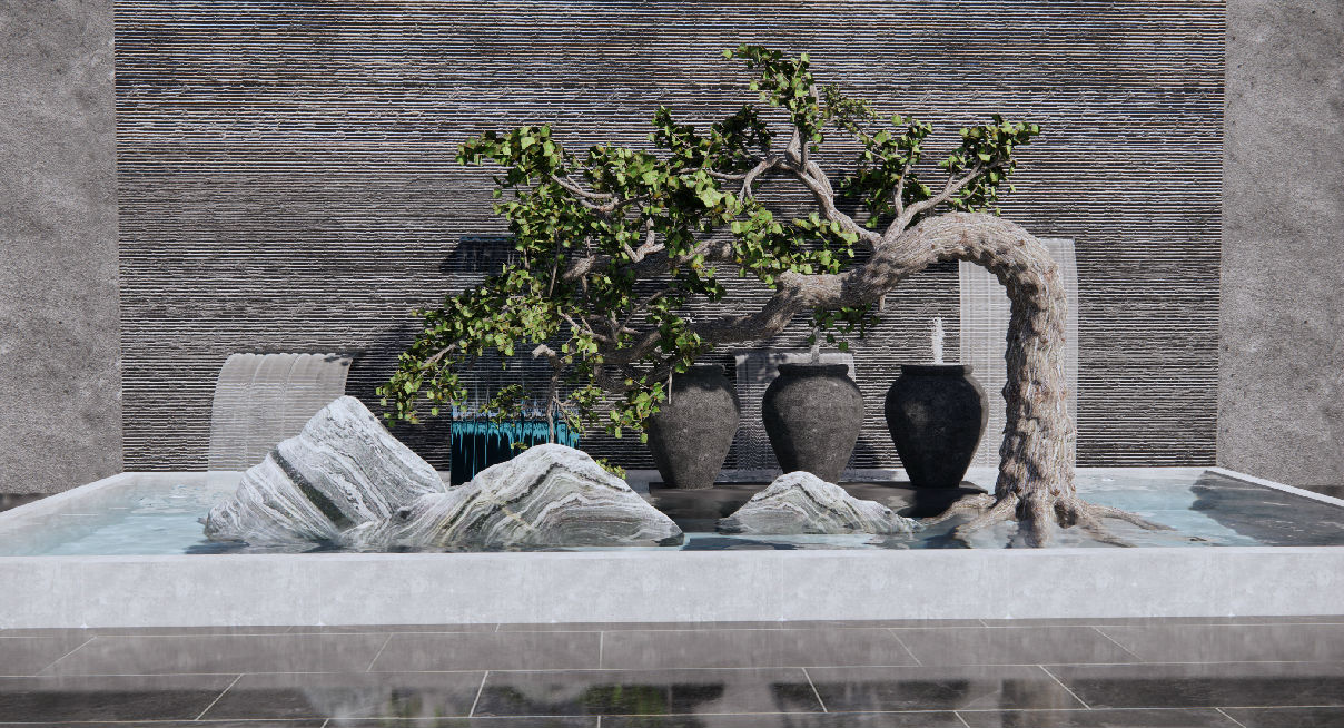 新中式景观小品水景喷泉泰山石松树园艺小品流水水景原创su模型