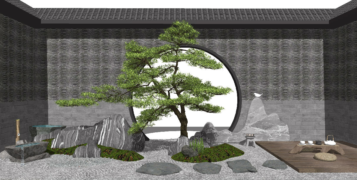 新中式庭院景观枯山水景观小品户外茶桌松树石头原创su模型