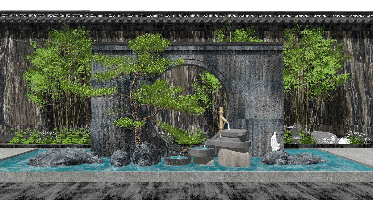 新中式景墙水景 庭院景观小品 跌水景观 景墙围墙 松树 竹子 石头岩石