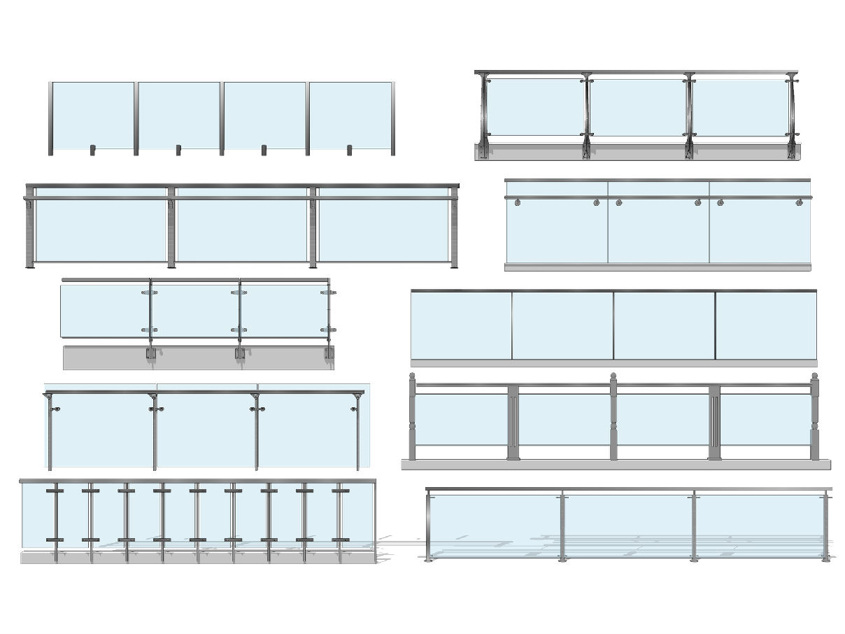现代玻璃栏杆组合玻璃护栏不锈钢栏杆su模型