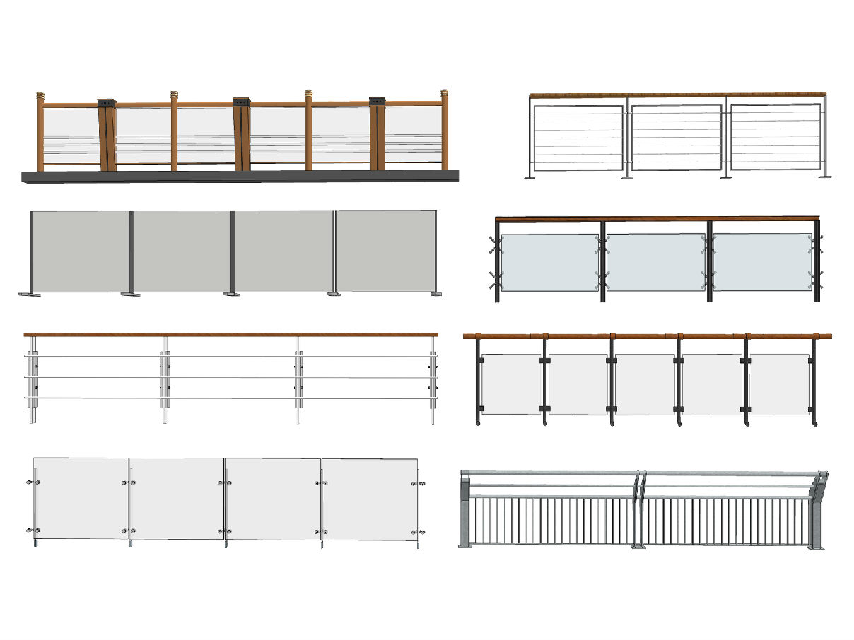 现代玻璃栏杆组合玻璃护栏不锈钢栏杆su模型