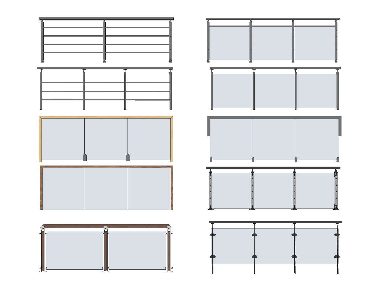 现代玻璃栏杆组合玻璃护栏不锈钢栏杆su模型