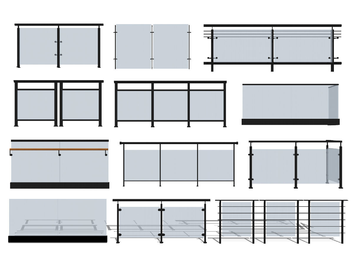 现代玻璃栏杆组合玻璃护栏不锈钢栏杆su模型