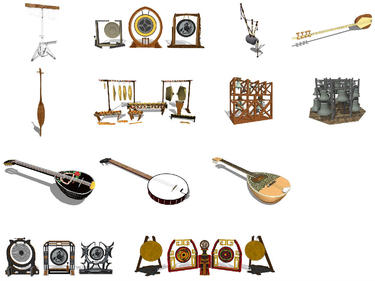 中式传统民族乐器鼓铜锣琵琶编钟古筝琴二胡乐器su模型
