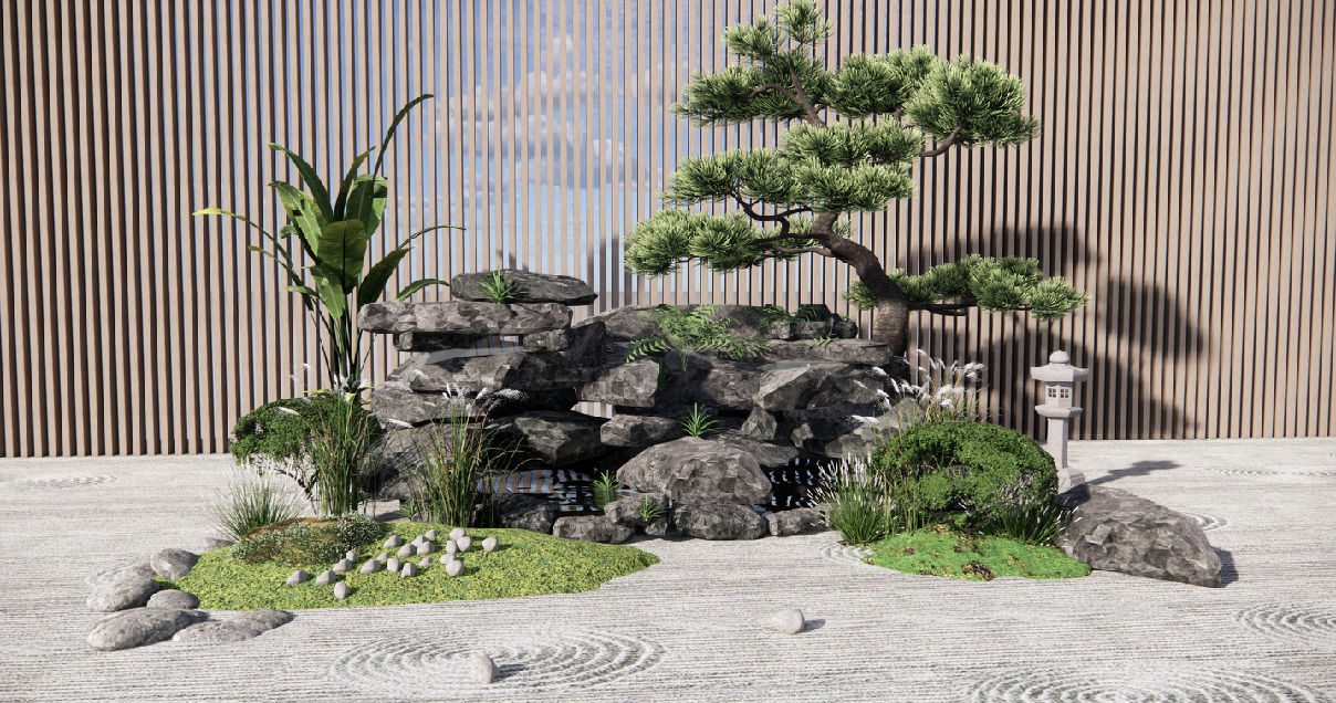 新中式假山水景 禅意庭院景观 景观小品 松树 枯山水景观 原创su模型