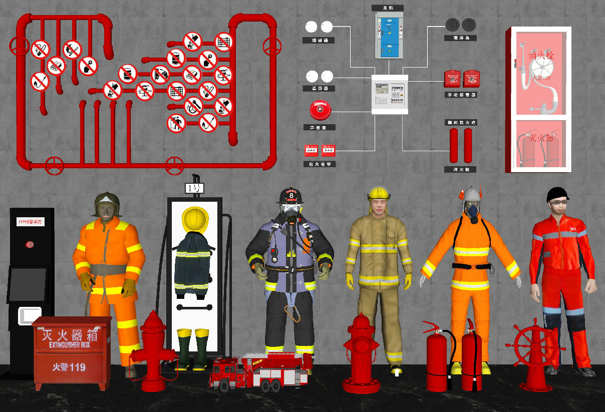 现代消防设备消防栓灭火器消防器材烟感喷淋防火门su模型