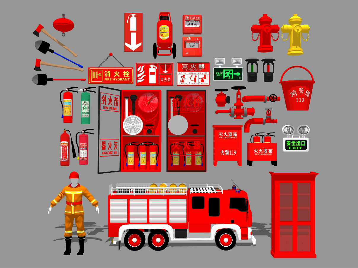现代消防设备消防栓灭火器消防器材烟感喷淋防火门su模型