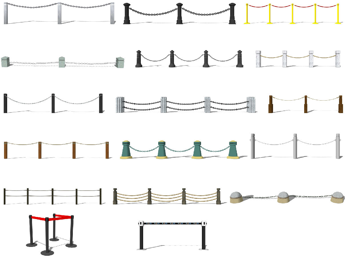 现代铁索栏杆 绳索 锁链 警戒线 围挡su模型