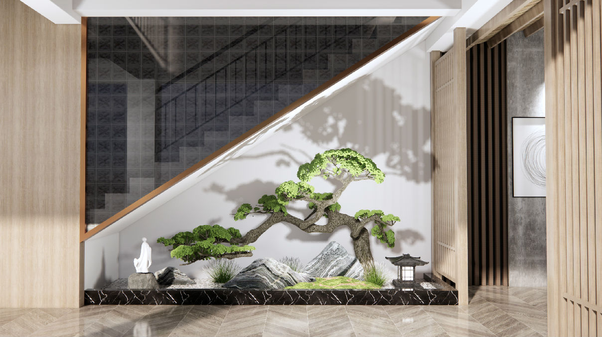 新中式景观小品 楼梯间小景观 泰山石 松树 原创su模型