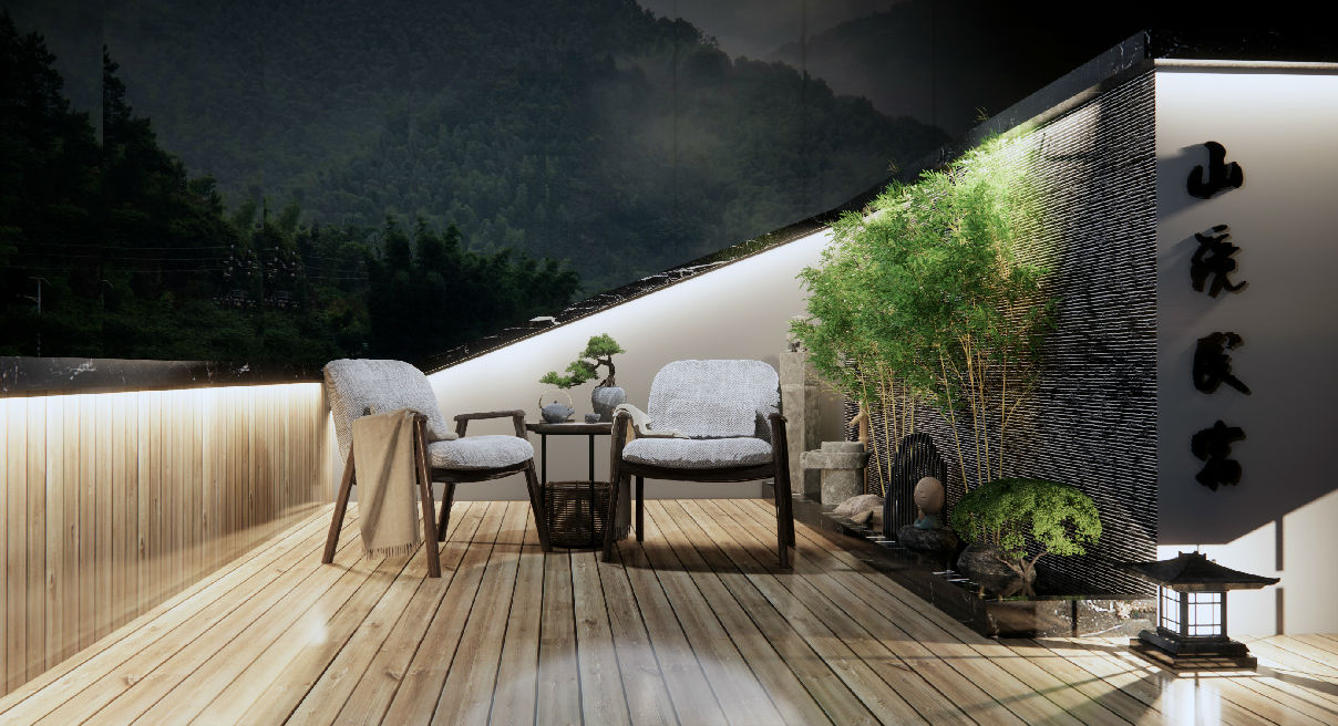 新中式民宿庭院小景 假山水景 休闲桌椅 屋顶花园景观