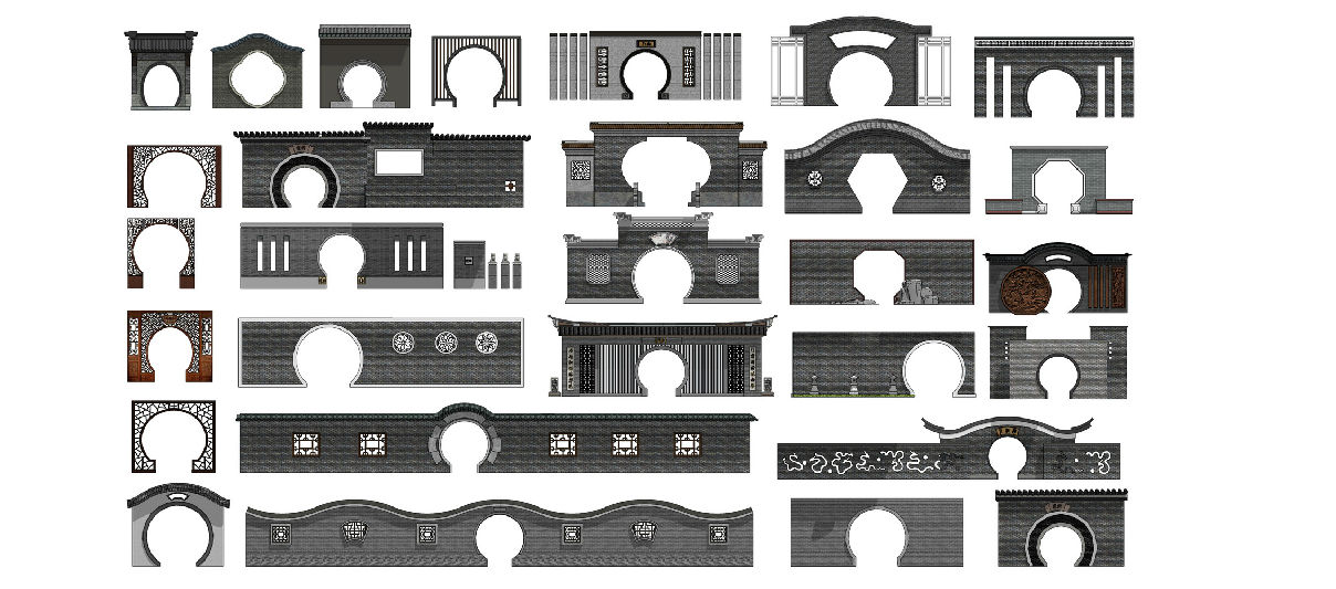 中式古典园林围墙月亮门景墙门窗su模型