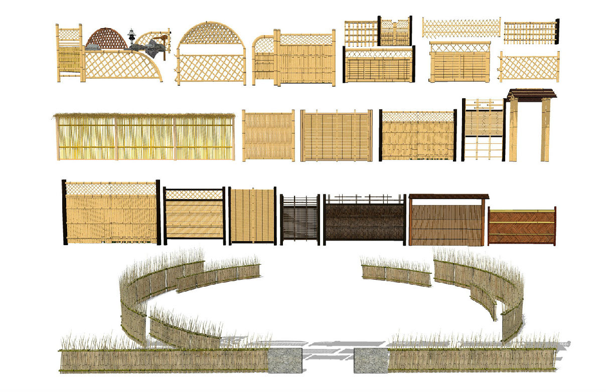 美丽乡村竹篱笆墙围栏栏杆su模型 居住区景观su模型