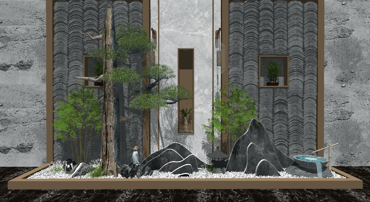 新中式造型背景墙 装饰墙 枯山水园艺景观小品 景观树