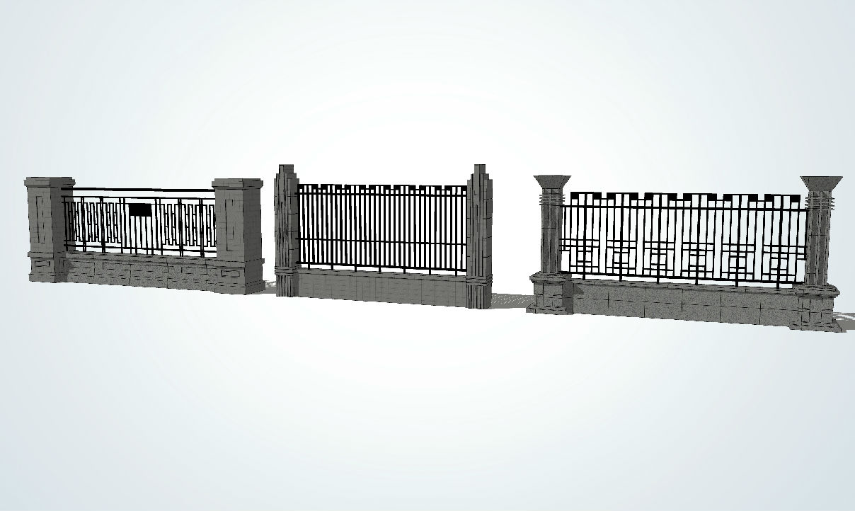 新中式铁栏杆围墙su模型