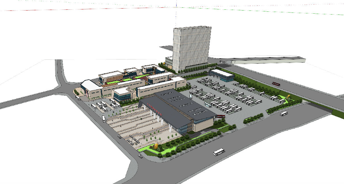 室内工装su模型现代风格客运站su模型建筑大巴车汽车站