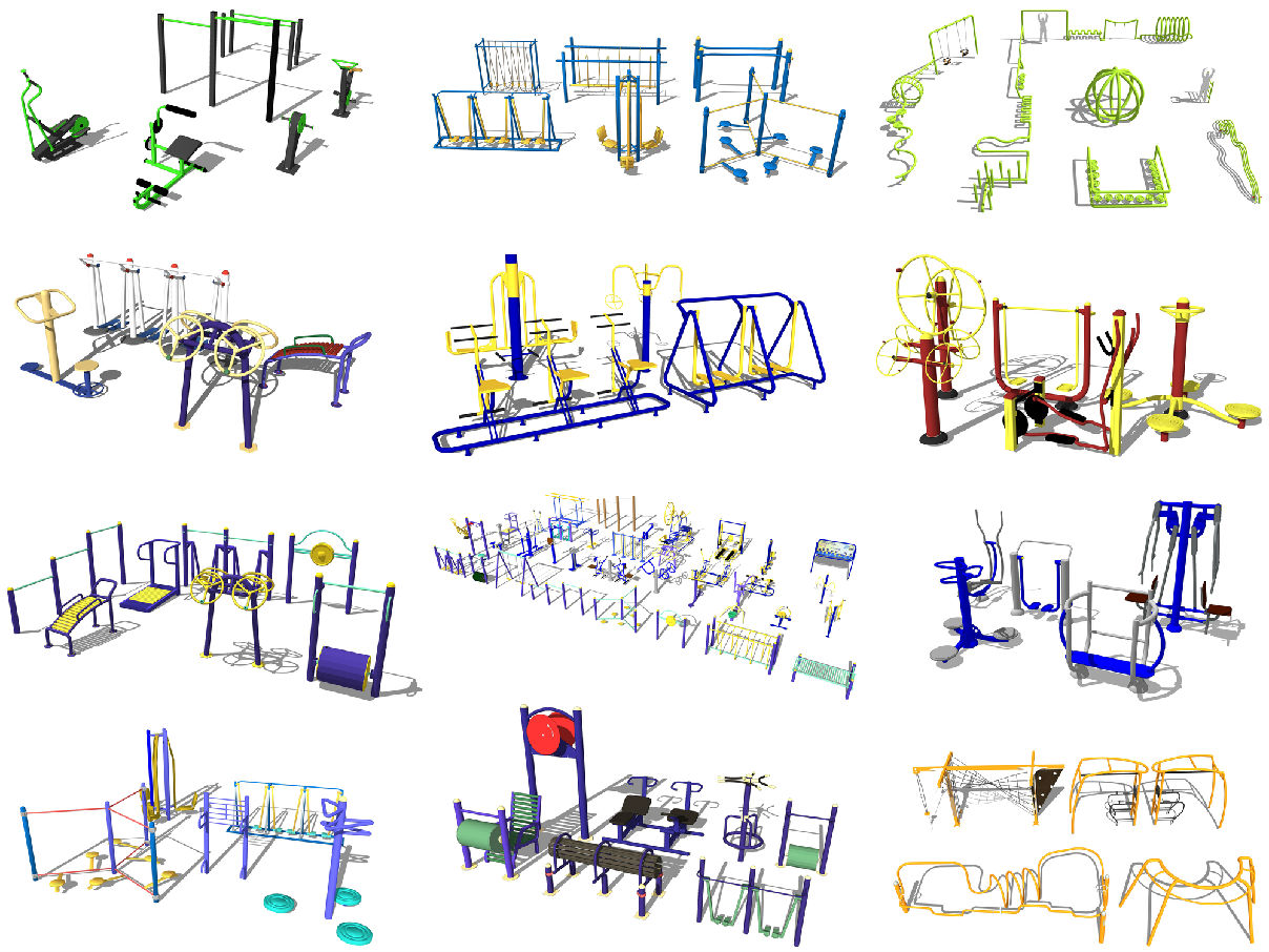 现代户外健身器材运动器材公共健身设施共27套su模型