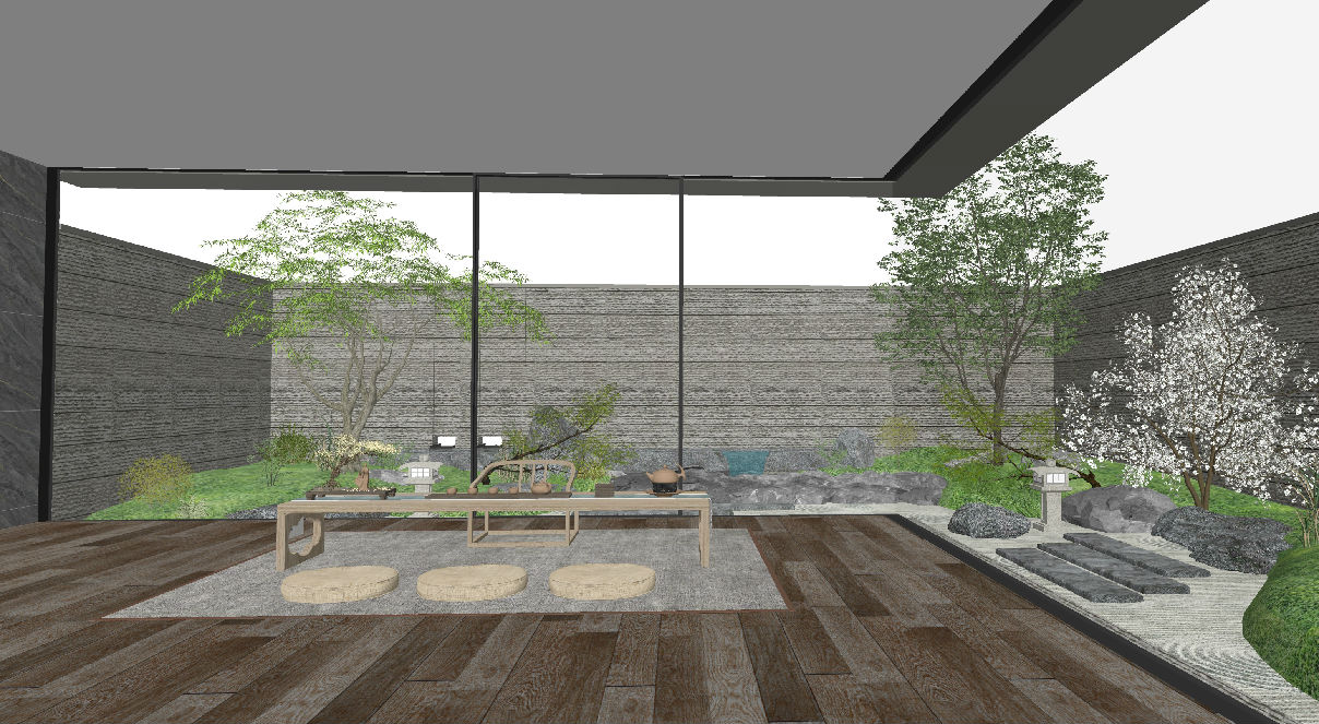 新中式茶室庭院景观 茶桌椅 枯山石庭院花园 户外景观小品 景观树