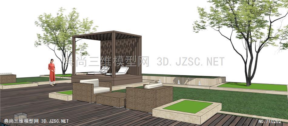 新中式风格酒店休息区景观平台户外休息区亭子树su模型