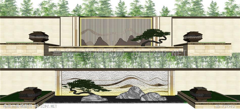 新中式枯山水金属格栅石头景墙围墙su模型