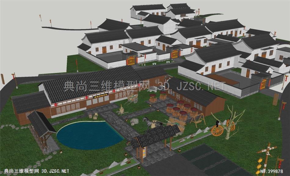 三维模型su建筑实体模型sketchup村庄改造农村农家乐中式乡村复古古城