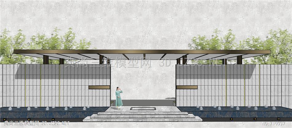 新中式风格大门小区大门水景水池涌泉喷泉su模型