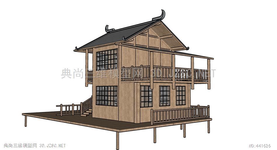 (精品)古建仿古四川风格吊脚楼小木屋民宿客栈001su模型 古建筑su模型