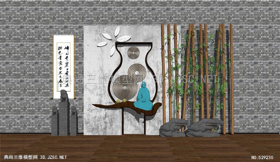 中式庭院景观景墙隔断字画装饰画禅意摆件佛像雕塑假山景石自然石3d