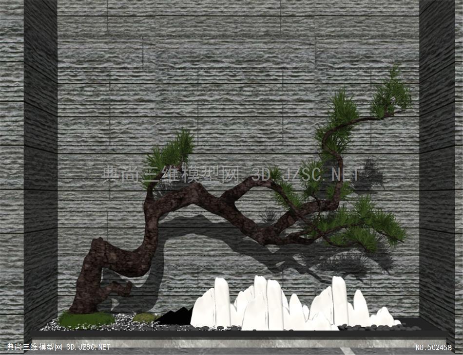 地产示范区居住区售楼处禅意中式日式景墙迎客松树片石假山卵石su模型