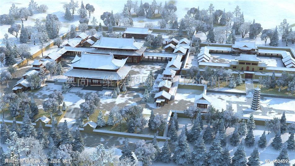 中式雪中寺庙 古建筑 园林景观 雪景3d模型3dmax模型 室外精品场景