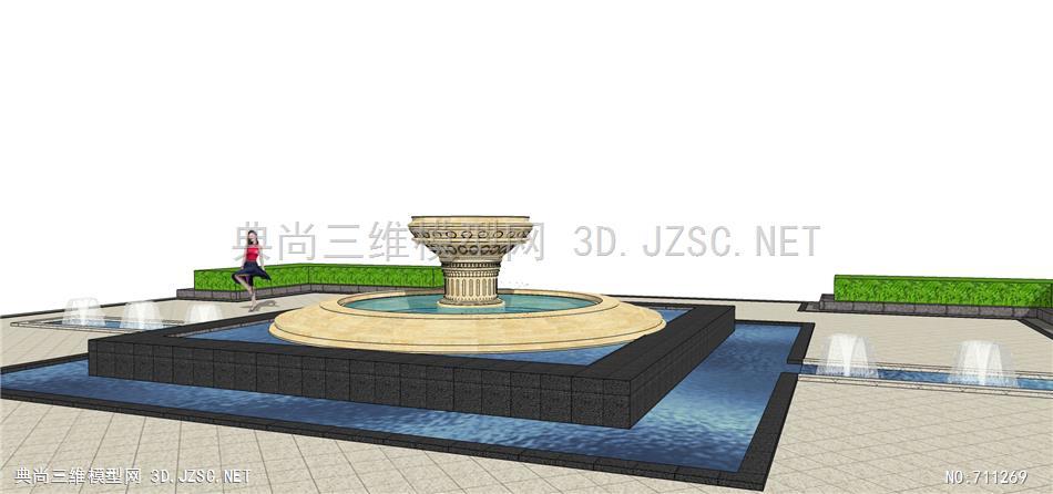 欧式风格滨水景观 喷泉 水池su模型