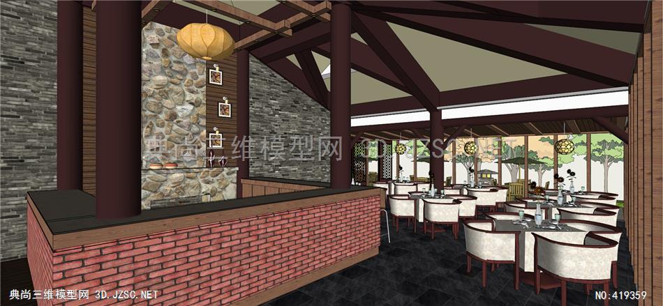 (精品)古建超精细仿古茶餐厅模型001su模型 古建筑su