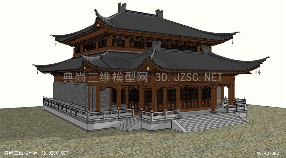 精品古建宋代寺庙庑殿顶带抱厦二层大雄宝殿精细模型001su模型