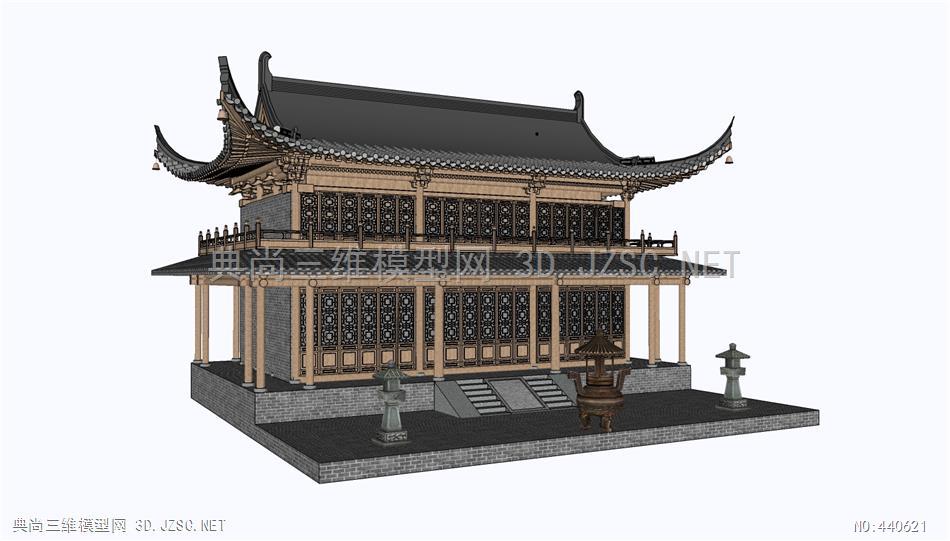 (精品)古建歇山顶二层寺庙大殿004su模型 古建筑su模型