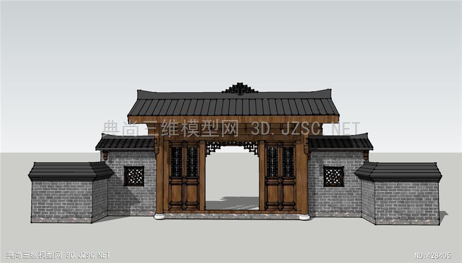 (精品)古建仿古入口大门001su模型 古建筑su模型