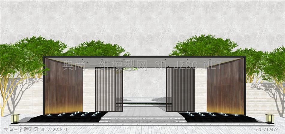 小区出入口廊架入口景观灯涌泉su模型