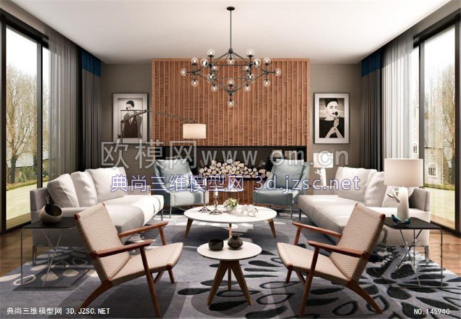 现代客厅沙发茶几单椅组合3d模型