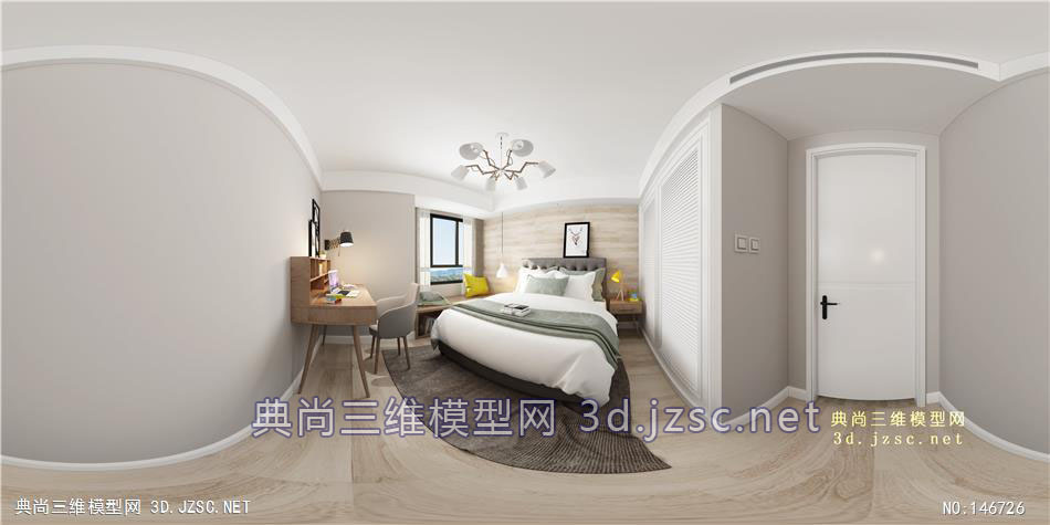 卧室空间北欧风格H08720全景效果图模型-3dmax室内模型